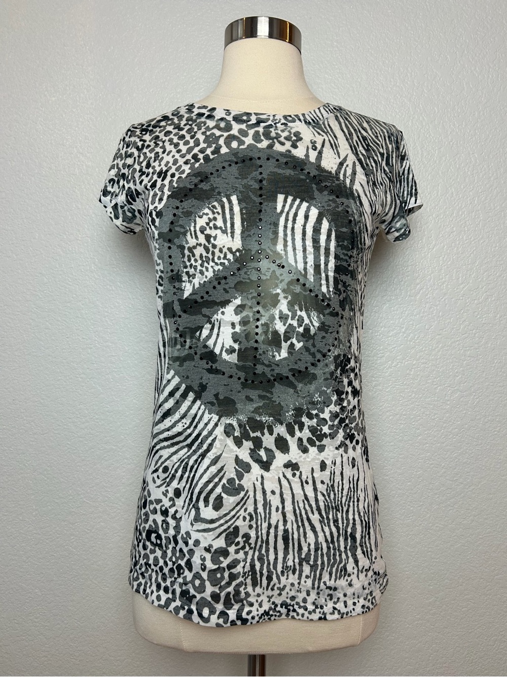 Cache Burn Out Tee Top Women's M Stretch White Black Peace Sign Animal Print